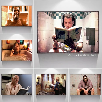 Híres filmszereplők Vincent Olvassa el a WC-ben Ponyva fikciós plakát Vicces fürdőszoba Fali művészet Nyomtatás Vászon festés Lakberendezés