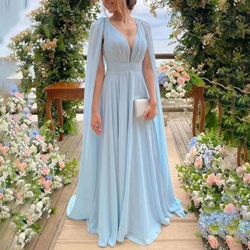 LZPOVE Hosszú estélyi ruhák nőknek 2023 Szexi mély V-nyakú sifon A menyasszony anyja ruhák partiruhák streamer köpenyes partiruhákkal