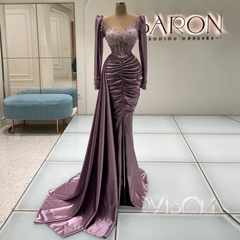 2023 Gyönyörű gyöngyök kristály gyöngyfűzés szatén sellő, báli hosszú ujjú estélyi ruha Dubai női hosszú formális ruha köntös de soirée