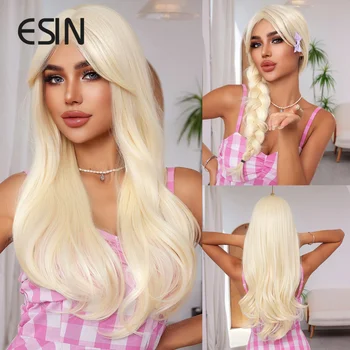 ESIN Barbie stílusú szintetikus hosszú fehér szőke vízhullám parókák frufruval nőknek cosplay party természetes napi paróka hőálló
