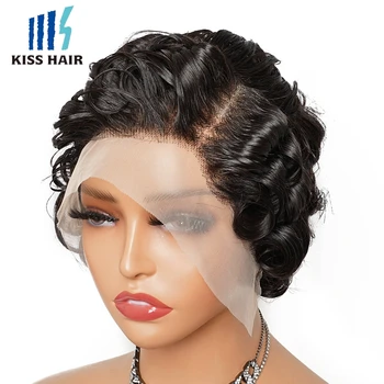 KissHair Pixie Göndör paróka 13*4 Csipke elülső emberi haj paróka Fekete színű indiai haj rövid ugráló göndör oldalsó rész elülső csipke