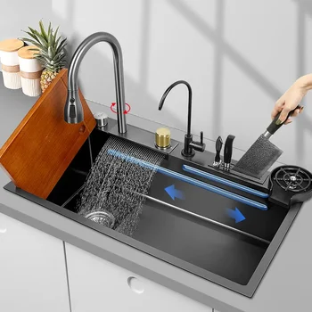 Konyhai mosogató 304 rozsdamentes acél vízesés konyhai mosogató fekete nagy szimpla tál többfunkciós érintőképernyővel Vízesés csaptelep