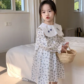 Koreai gyermek lányok 2024 tavaszi ruha édes virágos hímzett hajtóka hosszú ujjú divatos kislány ruha hercegnő ruha