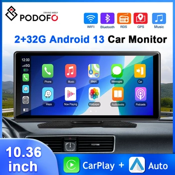 Podofo 10.36'' Autós monitor műszerfal Android 13 WIFI Dash Cam vezeték nélküli Carplay Android Auto GPS navigáció AUX / FM autórádió