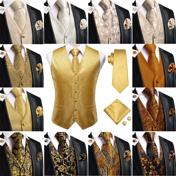 Divat selyemmellény férfiaknak Classic Gold Champane Sárga mellény Kabát nyakkendő Hankerchief Mandzsettagombok szettek Ruha öltöny Esküvői Hi-Tie