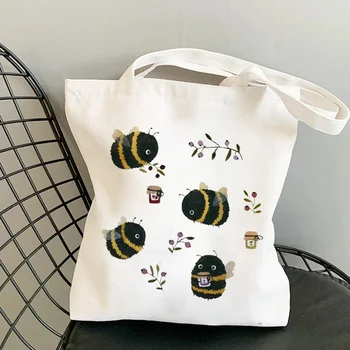 Vászon táska Vásárlói táska Női designer kézitáskák 2021 Girl Fashion Casual Nagy kapacitású aranyos méhnyomtató válltáskák