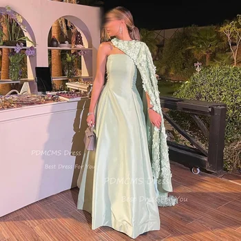 Elegáns zsályazöld szatén estélyi ruhák kabáttal pánt nélküli 3D virágok szaúdi arab partiruha hivatalos alkalom báli ruhák