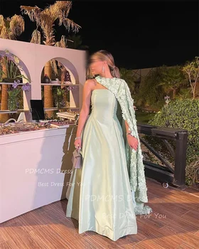 Elegáns zsályazöld szatén estélyi ruhák kabáttal pánt nélküli 3D virágok szaúdi arab partiruha hivatalos alkalom báli ruhák 1