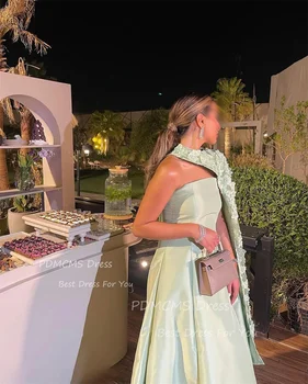 Elegáns zsályazöld szatén estélyi ruhák kabáttal pánt nélküli 3D virágok szaúdi arab partiruha hivatalos alkalom báli ruhák 2