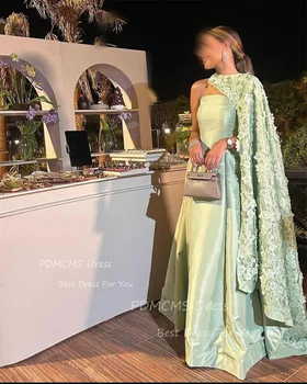 Elegáns zsályazöld szatén estélyi ruhák kabáttal pánt nélküli 3D virágok szaúdi arab partiruha hivatalos alkalom báli ruhák 3