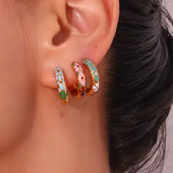 színes olajcsepegtető lóhere virágkarika fülbevaló 316L rozsdamentes acél divat 18K aranyozott fülbevaló női ékszerekhez