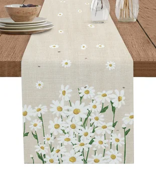 White Daisy Virág Asztalfutó luxus Konyha Vacsora Asztalhuzat Esküvői parti dekoráció Pamut vászon terítő