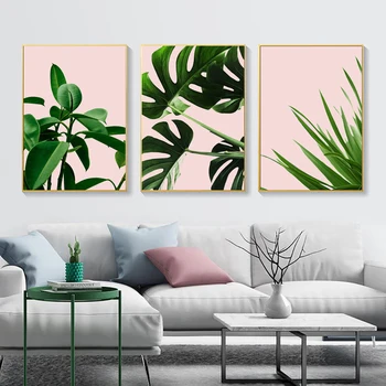 Minimalista vászonfestés Trópusi levelek nyomtatás Természet poszter zöld Friss rózsaszín falfestmény Dekoratív képek nappaliba