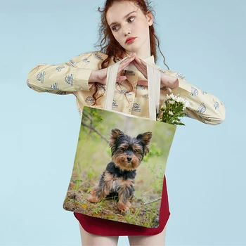 Fashion MINI Yorkshire kutyavászon diák hölgy bevásárló kézitáska újrafelhasználható dupla nyomtatás aranyos kisállat állat alkalmi táska nőknek