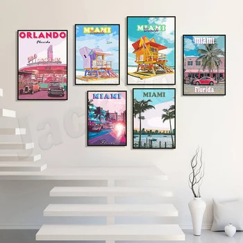 Miami Cityscape, Florida Gift, Pink Miami Palms, Miami Beach Tour, Orlando, Miami Skyline utazási poszter, nyomtatva az USA-ban,