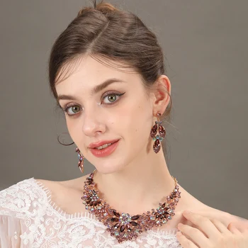 Gyönyörű lila kristály menyasszonyi ékszer szettek nőknek Fülbevalók Nyakláncok Esküvői szett divatékszerek