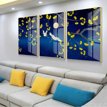 Absztrakt sárga és kék vászon művészet Modern arany madarak festés plakátnyomtatás a nappalihoz Folyosó bejárata Divatfal
