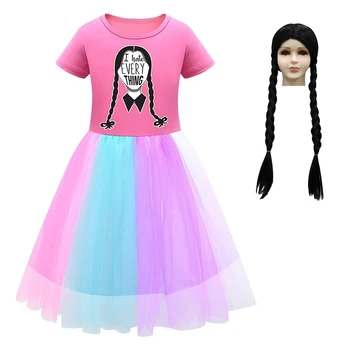 Kislány nyári szerda Addams Dress hercegnő gyerekruhák Vestidos születésnapi partira Gyermekek díszes szivárványos ruhák