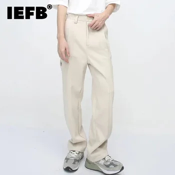 IEFB rakott egyszínű egyenes férfi alkalmi öltöny nadrág koreai divatzseb elegáns férfi széles szárú nadrág Új stílusos 9C4043