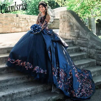 Mexikói királykék Quinceanera ruhák báli ruha gyöngyös csipke rátétek édes 16 ruha hercegnő csipke fel vestido de 15 años