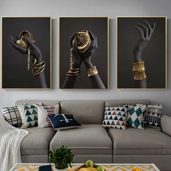 Fekete és arany kézi karkötő Falművészet Vászon festés Afrikai nő poszterek Nyomatok Fali művészet Képek a nappalihoz Lakberendezés