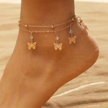 Divat kétrétegű üreges pillangó boka Summer Beach Charm strassz láblánc nőknek Lányok fém gyöngyös boka karkötők