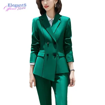 2023 Új dupla mellű divat zöld nadrág öltöny női 2 részes szett női üzleti munkaruha Egyenruhák Office Lady Blazer szettek