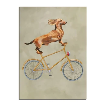 vászon nyomatok Vicces tacskó biciklizés Kutya festés Kutya poszter Retro falfestmény Kép a nappalihoz Esztétikus lakberendezés