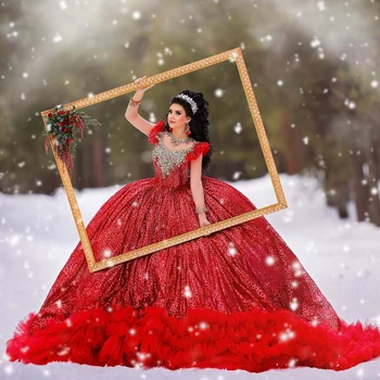Red Sequin Quinceanera Dress 2024 Ball Dress High Neck Ujjatlan gyöngyfűzés Crystal Sweet 15 Ruha Vestidos De 15