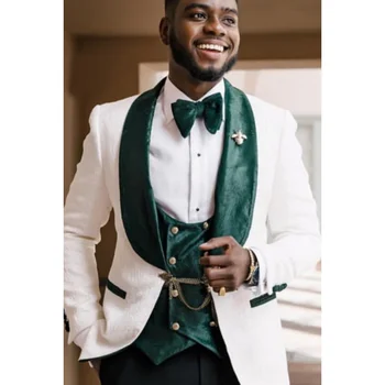 Férfi öltöny 2 db fehér vékony virágmintás zöld hajtóka Üzleti hivatalos esküvői vőlegény bankett Tuxedo kabát mellény nadrággal