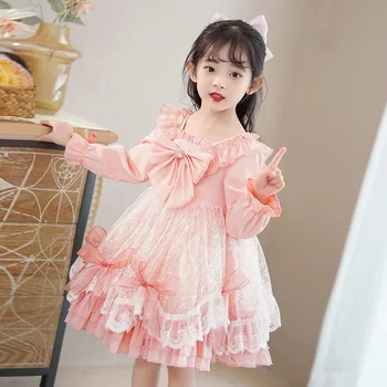 Nyári ruha gyereklánynak szögletes gallér rövid fáklyás ujjak rózsaszín nyitott hátsó pillangó stílusú hálós ruha gyermek ruházat