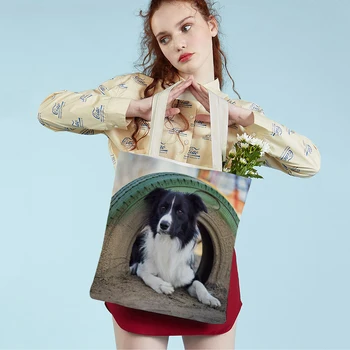 Utazótáskák alkalmi kutya Skócia border collie női bevásárlótáska összecsukható újrafelhasználható kétoldalas állat táska váll kézitáska