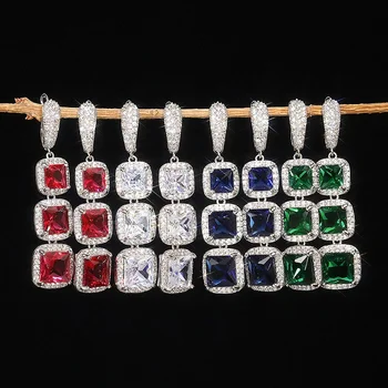 Új luxus kék/fehér/piros/zöld négyzet alakú CZ Dangle fülbevaló nőknek Bling eljegyzési esküvői divatékszerek