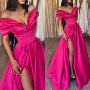 Hot Pink Floor Length Short Sleeve Off Shoulder Split, Satin Esküvői vendég Esti báli ruhák Menyasszonyi különleges nyár 2023