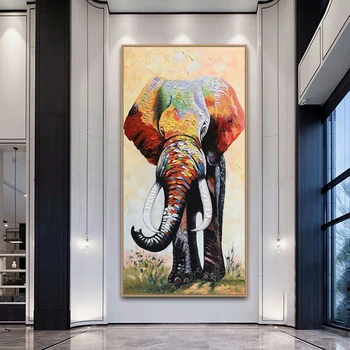 Mintura,Kézzel festett modern absztrakt boldog béke elefánt olajfestmény vászonra,falfestmény,kép a nappaliba,lakberendezés 0