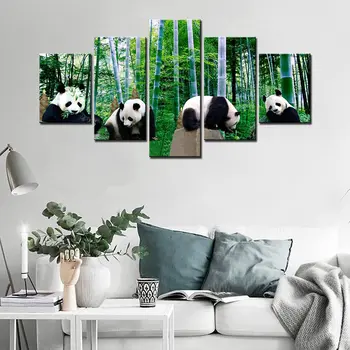 5Pcs Négy panda panda Kedvenc bambusz zöld bambusz Festői panda szerelmesei Táj táj táj Kínai stílusú képek Fali művészet
