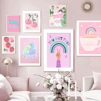 Virág eper őszibarack rózsaszín esztétika Plakátok és nyomatok Absztrakt falfestmény Vászon festés Fali képek a nappali dekorációhoz