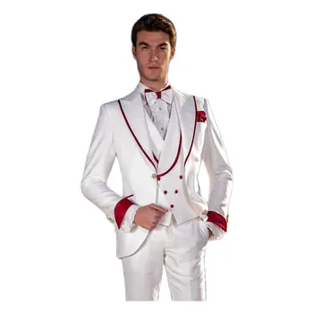Egyedi gyártású fehér férfi öltönyök esküvői szmokingcsúcs hajtóka blézer nadrág vőlegény party ruházat alkalmi 3db kabát nadrág mellény