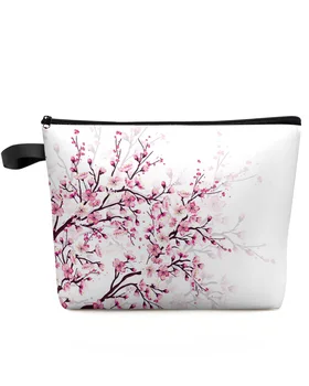 Cseresznyevirág szilvaág rózsaszín virágfehér egyedi kozmetikai táska Hordozható sminktároló tasak női vízálló ceruzatartó