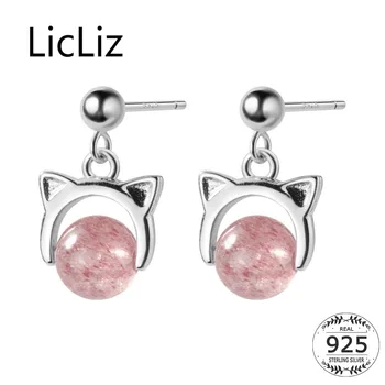 LicLiz Új aranyos eperkvarc macska fülbevaló fülbevaló nőknek Új 925 Sterling ezüst rózsaszín fülbevaló fehérarany ékszerek LE0464