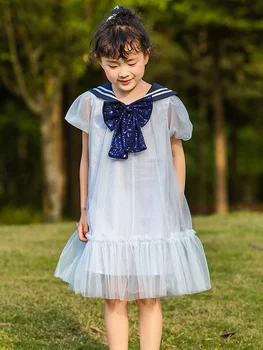 Kislányok nyári aranyos ruhák vékony, világoskék flitteres bowknot főiskolai stílus 4T 11 éves gyerekek hercegnő ruha születésnapi ruházat