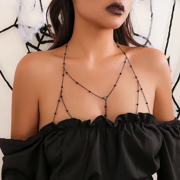 Divat Bikini mellkasi lánc nőknek Szexi fekete rézgyöngyök Keresztlánc Egyszerű strasszos testékszerek Halloween party ajándékok