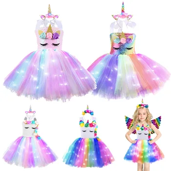 Kislányok Egyszarvú Tutu ruha Villogó fény Szivárvány hercegnő születésnapi zsúr ruha Gyerekek Halloween Előadás jelmez