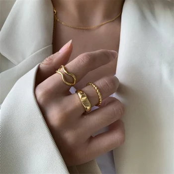 HANGZHI 2021 3PCS Punk fém geometriai szabálytalan hullámú üreges gyűrűk készlet arany ezüst színű nőknek Férfi parti ékszer ajándékok