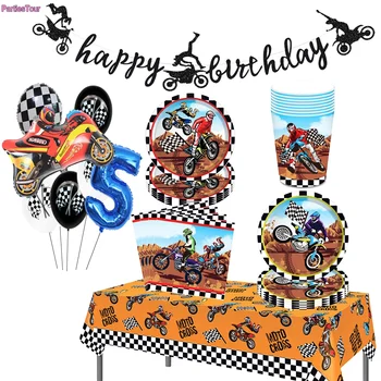 Motorkerékpár téma Party Tányérok csészék léggömb Motocross étkészlet Dirt Bike Party poharak Gyerek motorkerékpár Születésnapi zsúr dekorációk