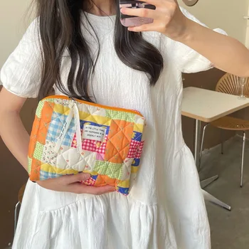 Nyári narancsvirág kozmetikai táska Koreai steppelt sminkrendező táskák cipzáras szépségdoboz Nagy kapacitású utazási piperepapír tasak 5