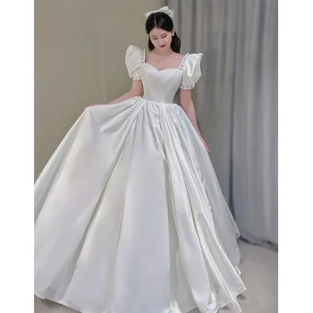 Sweet Princess báli ruha Esküvői ruhák Vintage szögletes gallér puffos ujjak Menyasszonyi ruha kényelmes szatén Egyszerű Abiti Da Sposa