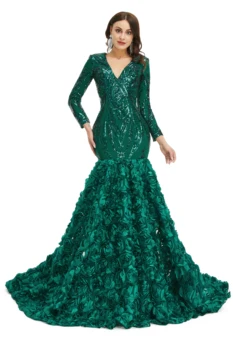 Hunter EmeraldGreen sellő báli ruhák hosszú ujjú 2023 V-nyakú 3D virágos vonat Gillter alkalmi estélyi ruha