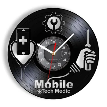 Okos eszközök Kórházi fix jel Mobiltelefon javítóműhely logó Fali művészet falióra Mobil tech Medic bakelit lemez falióra