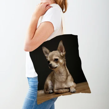 Aranyos akvarell kutya nyomtatás bevásárlótáska nőknek vászon táska Újrafelhasználható rajzfilm állat hölgy bevásárlótáskák
